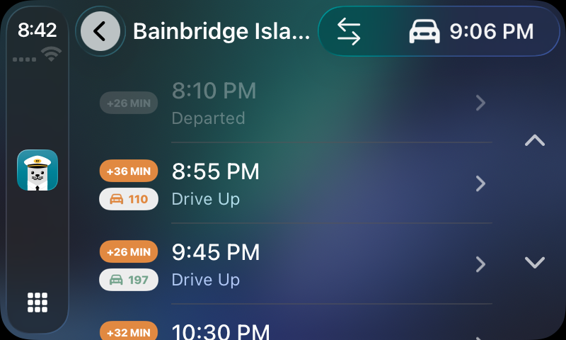 FerryFriend running on an Apple CarPlay display showing upcoming Bainbridge Island sailings with delays and drive-up space