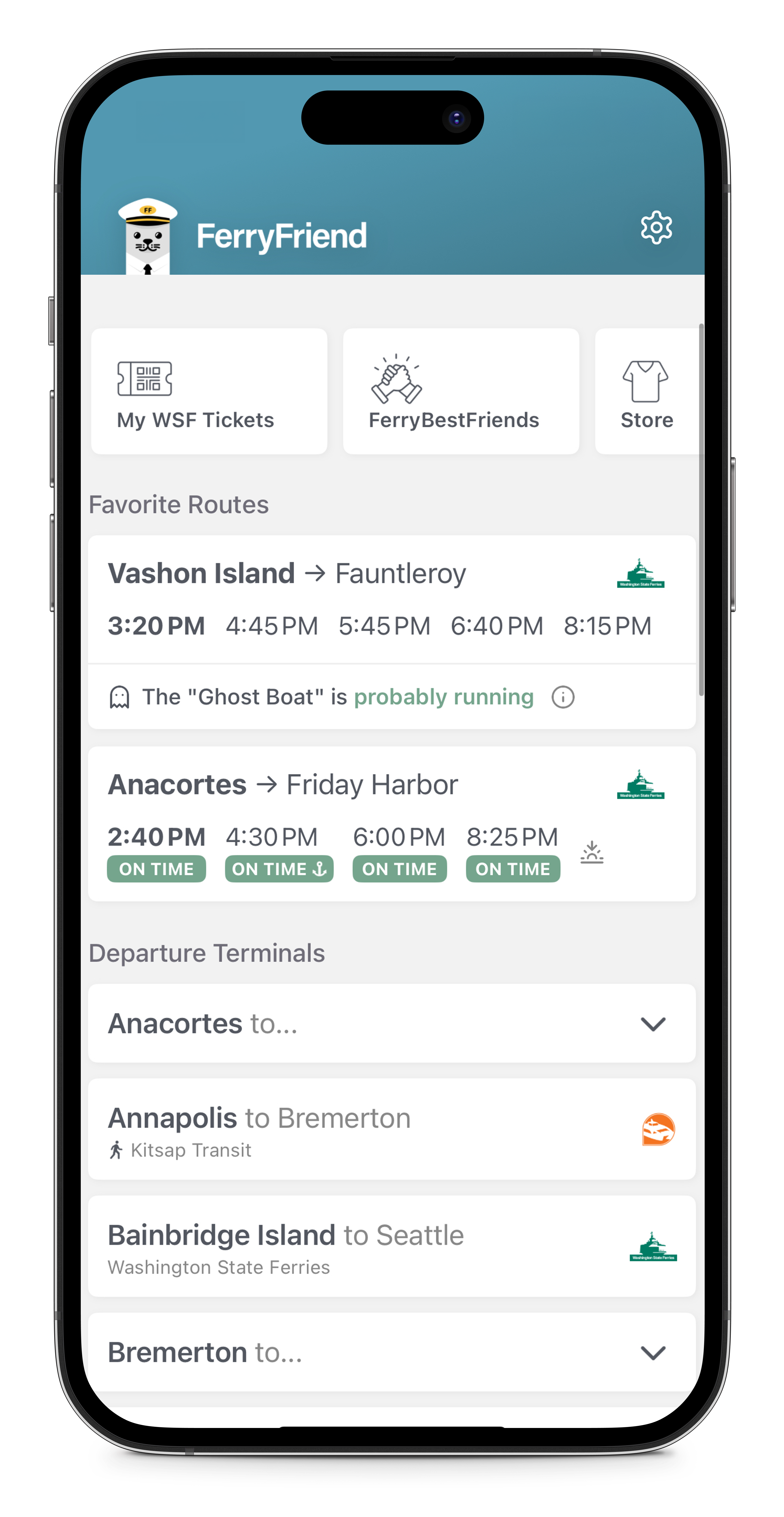 A phone showing the FerryFriend app