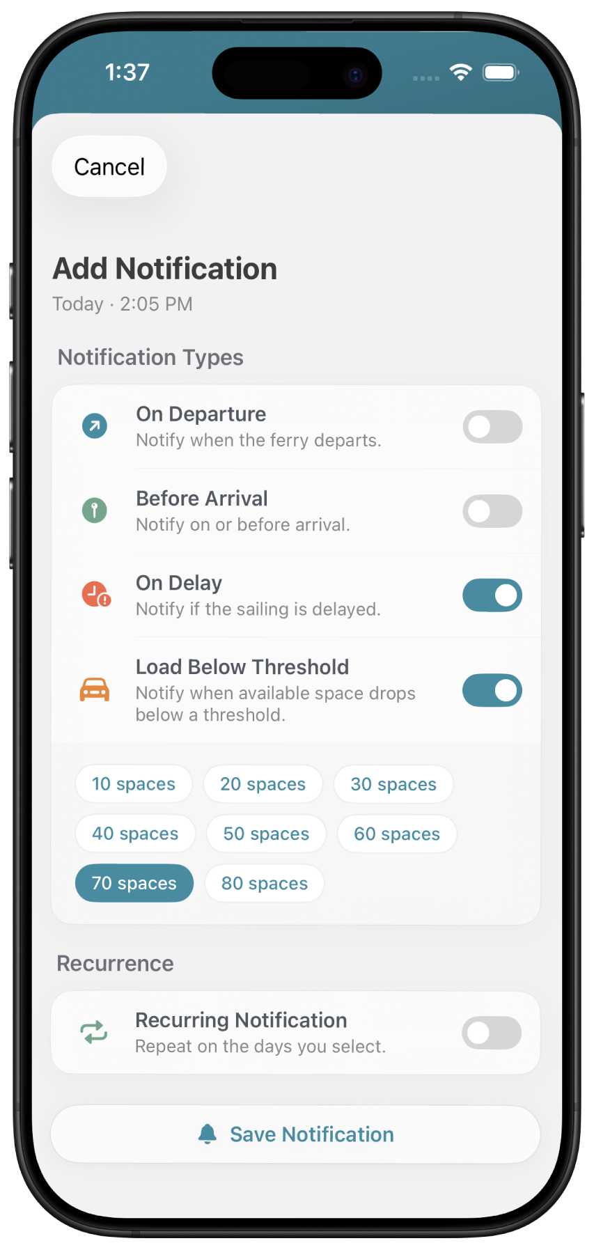 FerryFriend add notification screen with toggles for departure, arrival, delay, and load threshold alerts