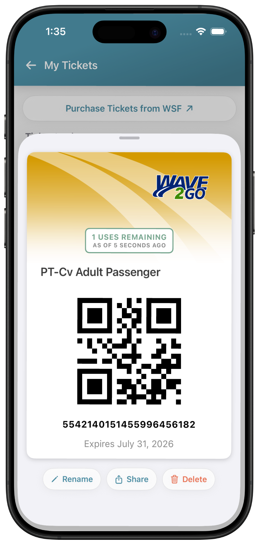 FerryFriend My Tickets screen showing a saved WAVE2GO ferry ticket with QR code and remaining uses