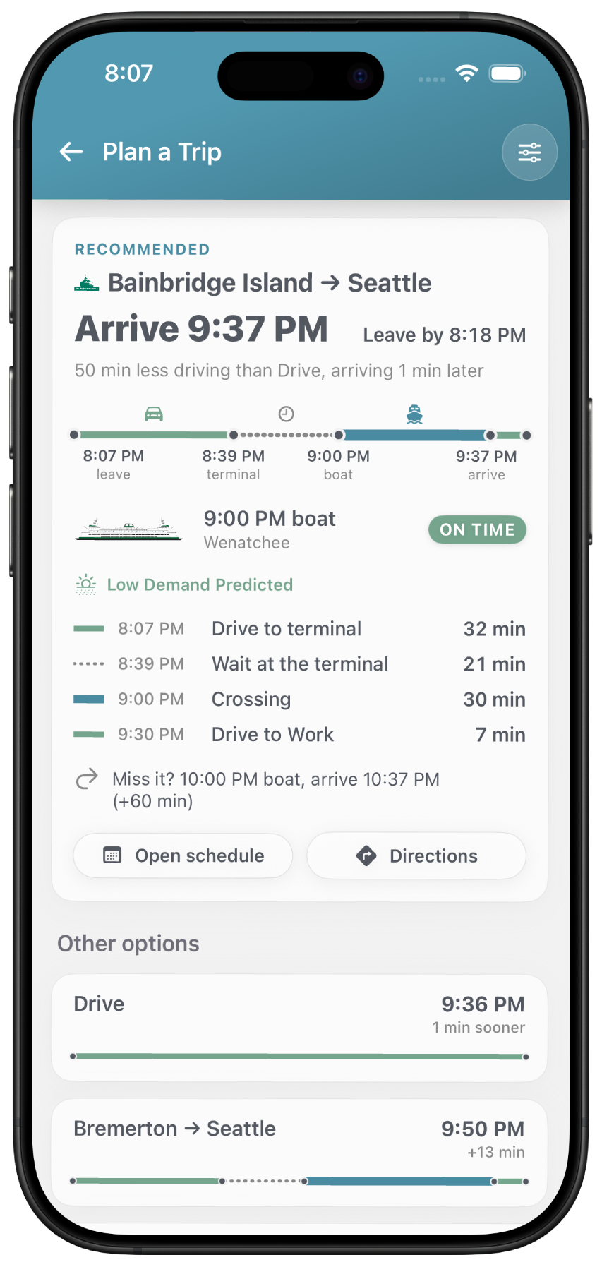 FerryFriend Trip Planner recommending a ferry route with the boat to catch, when to leave, and the arrival time