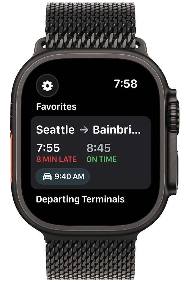 Apple Watch showing the FerryFriend app with favorite routes, departure times, and delay status
